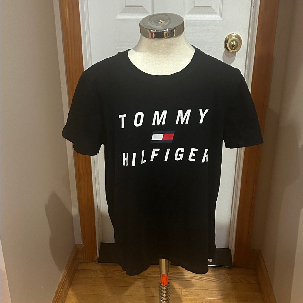 Tommy Hilfiger Black Tee with White Logo and Flag